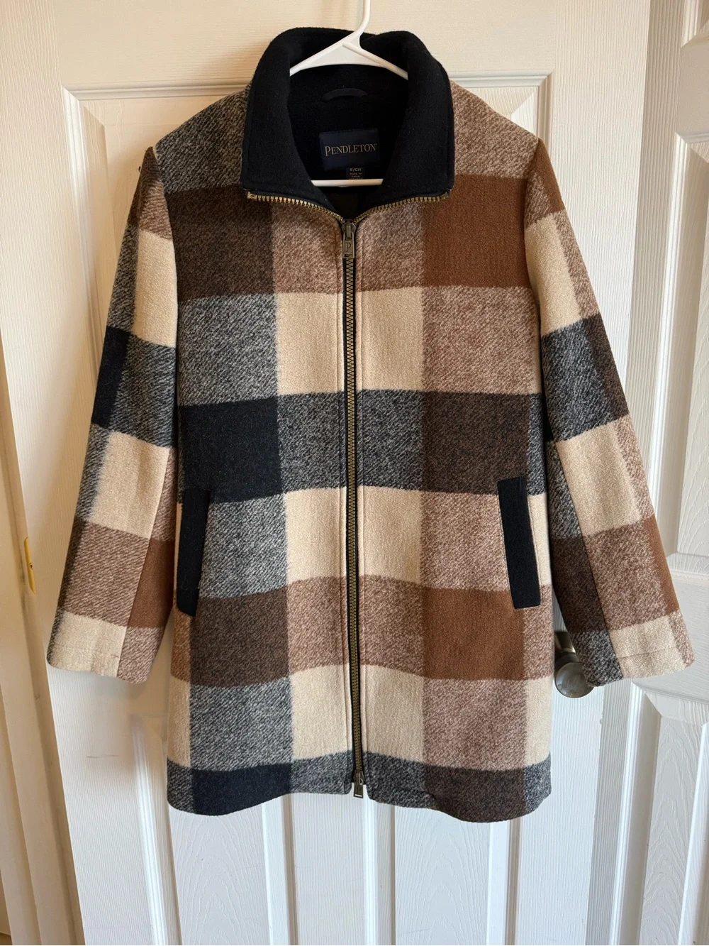 Pendleton Women's Wool Blend Fall Brown & Cream Plaid Zip-Front Peacoat S